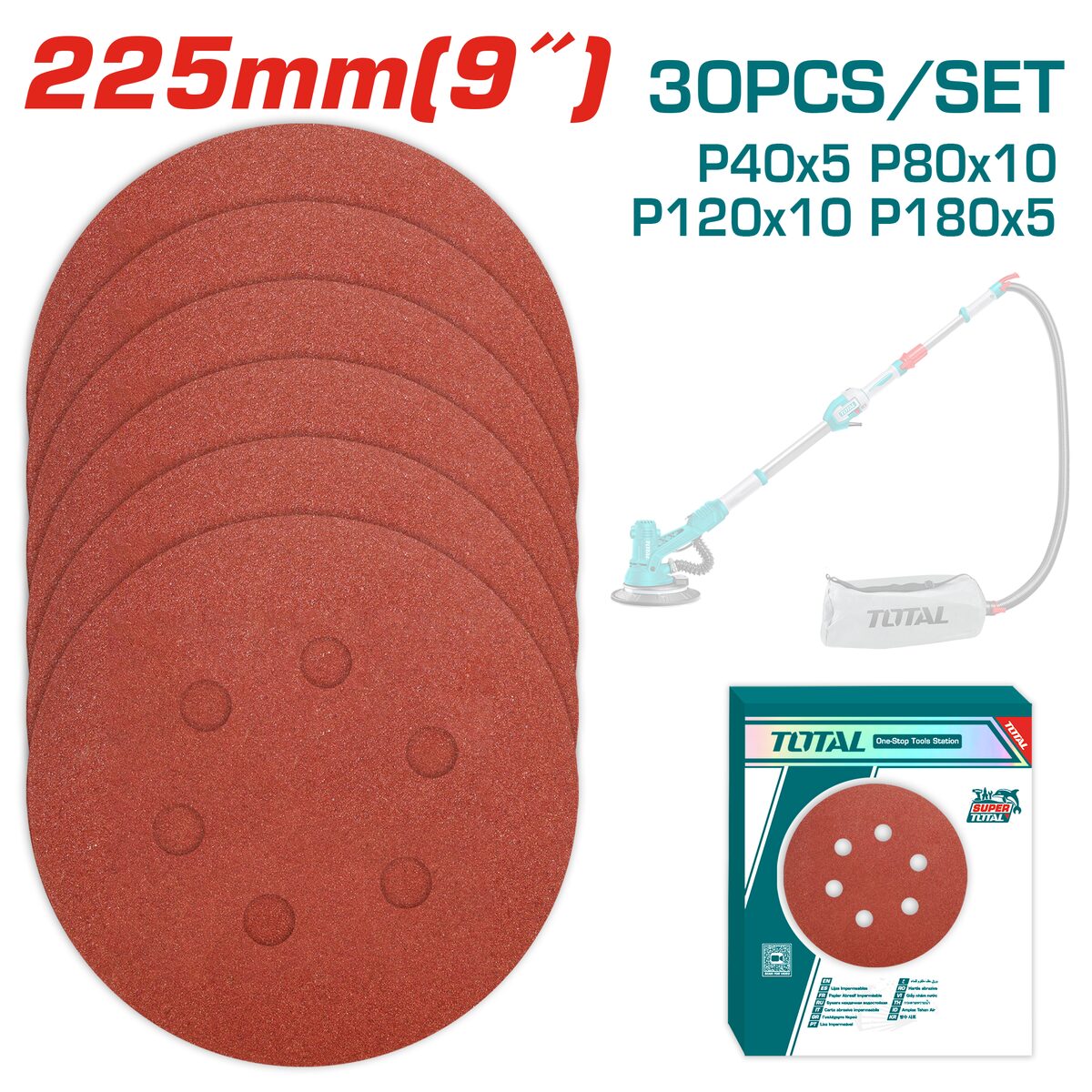 Set feuilles abrasives ponceuse orbitale 225mm TOTAL