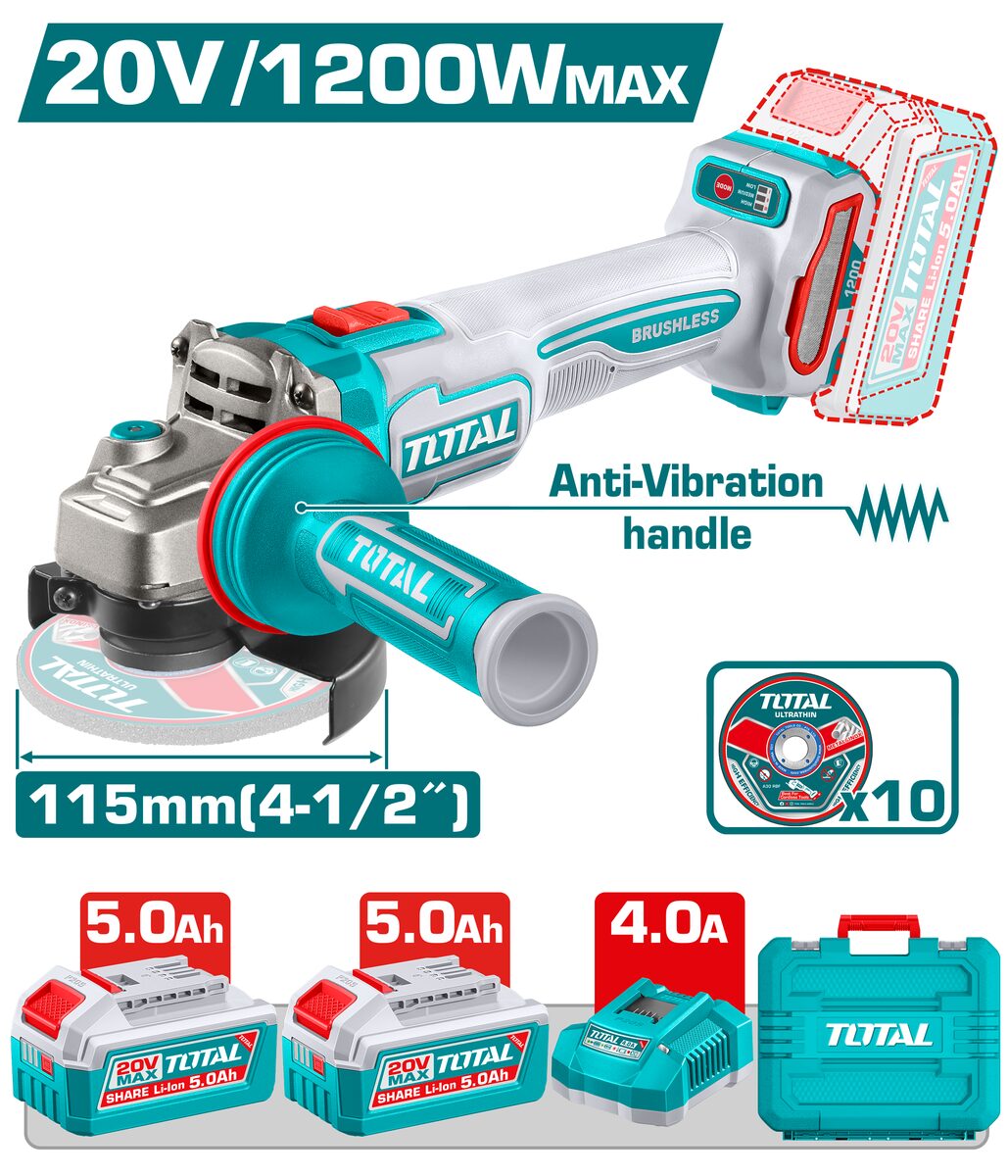 Meuleuse d'angle sans fil P20S 115mm brushless TOTAL