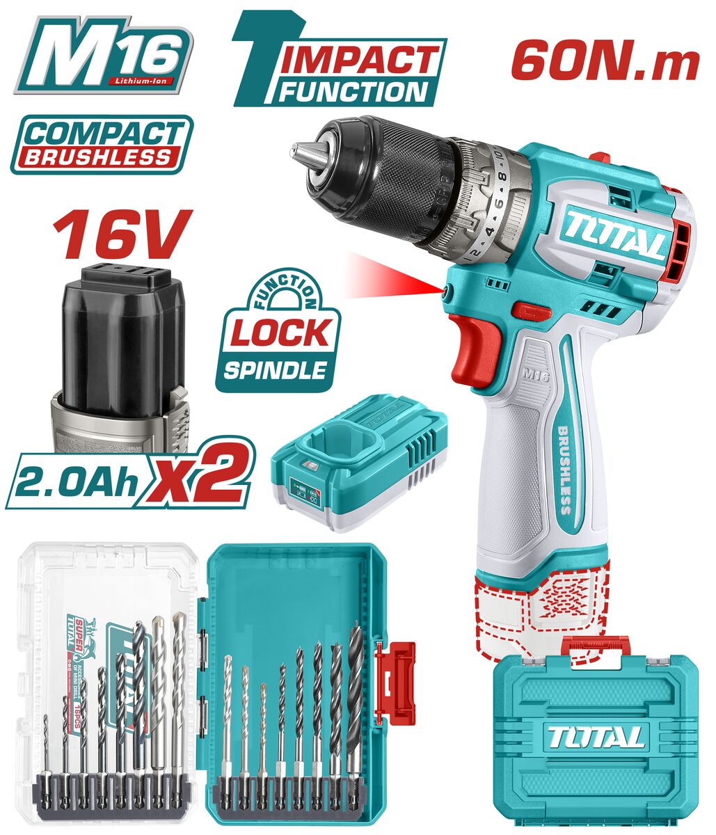 Kit perceuse brushless sans fil M16 TOTAL