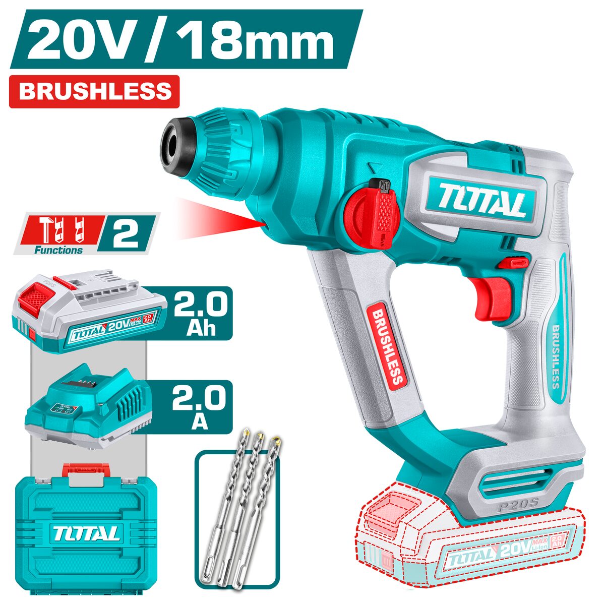Marteau perforateur sans fil P20S 18mm brushless TOTAL