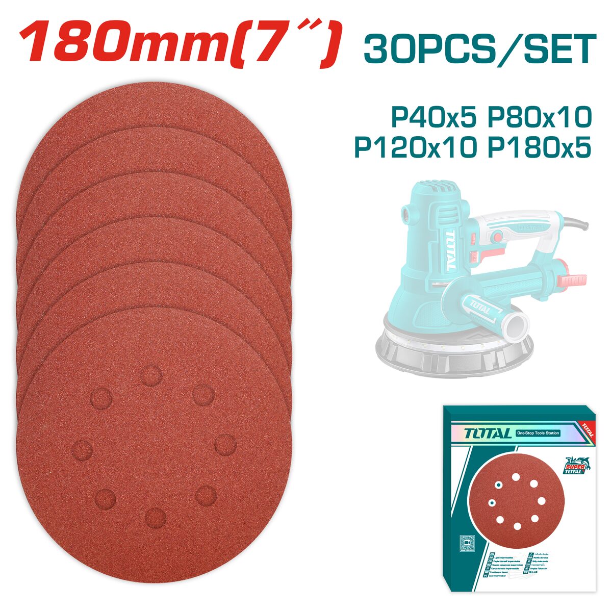 Set feuilles abrasives ponceuse orbitale 180mm TOTAL