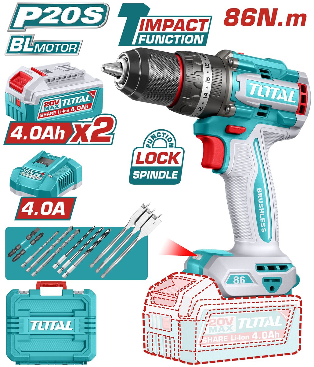 Perceuse à percussion sans fil brushless TOTAL TIDLI208682