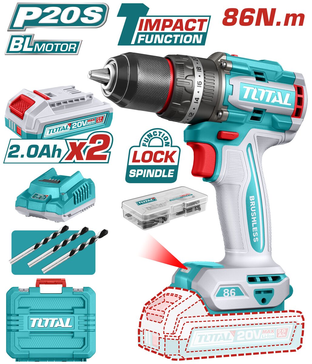 Perceuse à percussion sans fil brushless TOTAL TIDLI208687