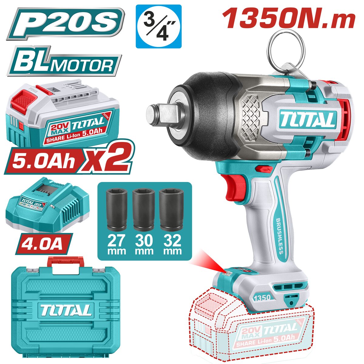 Clé à choc brushless P20S 1350Nm TOTAL TIWLI20135