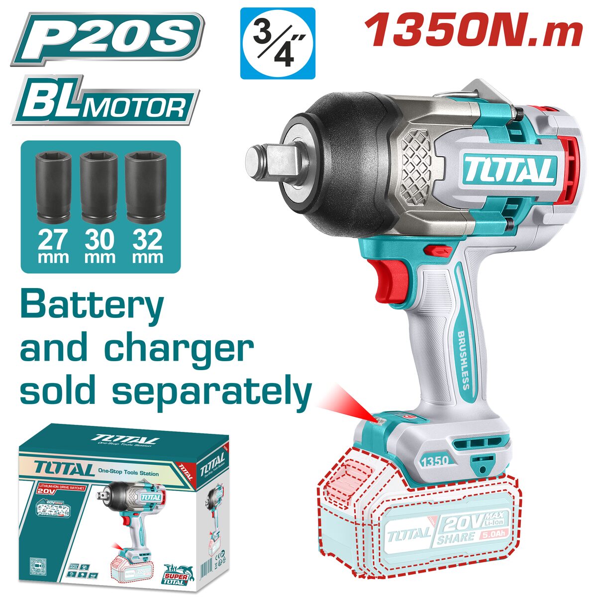 Clé à choc brushless P20S 1350Nm TOTAL