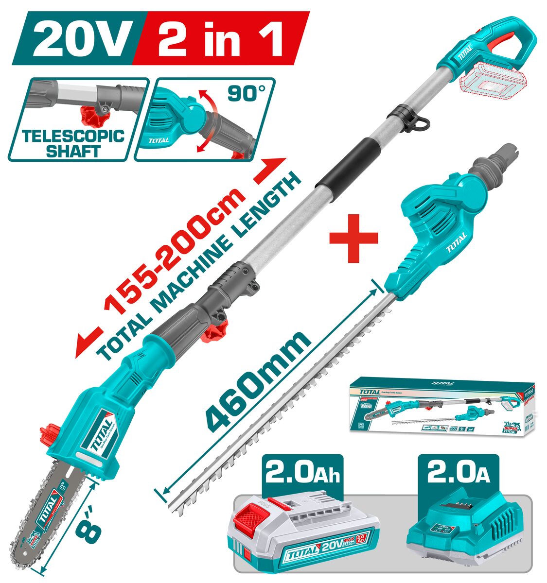 Set taille-haie + scie sur perche sans fil P20S TOTAL